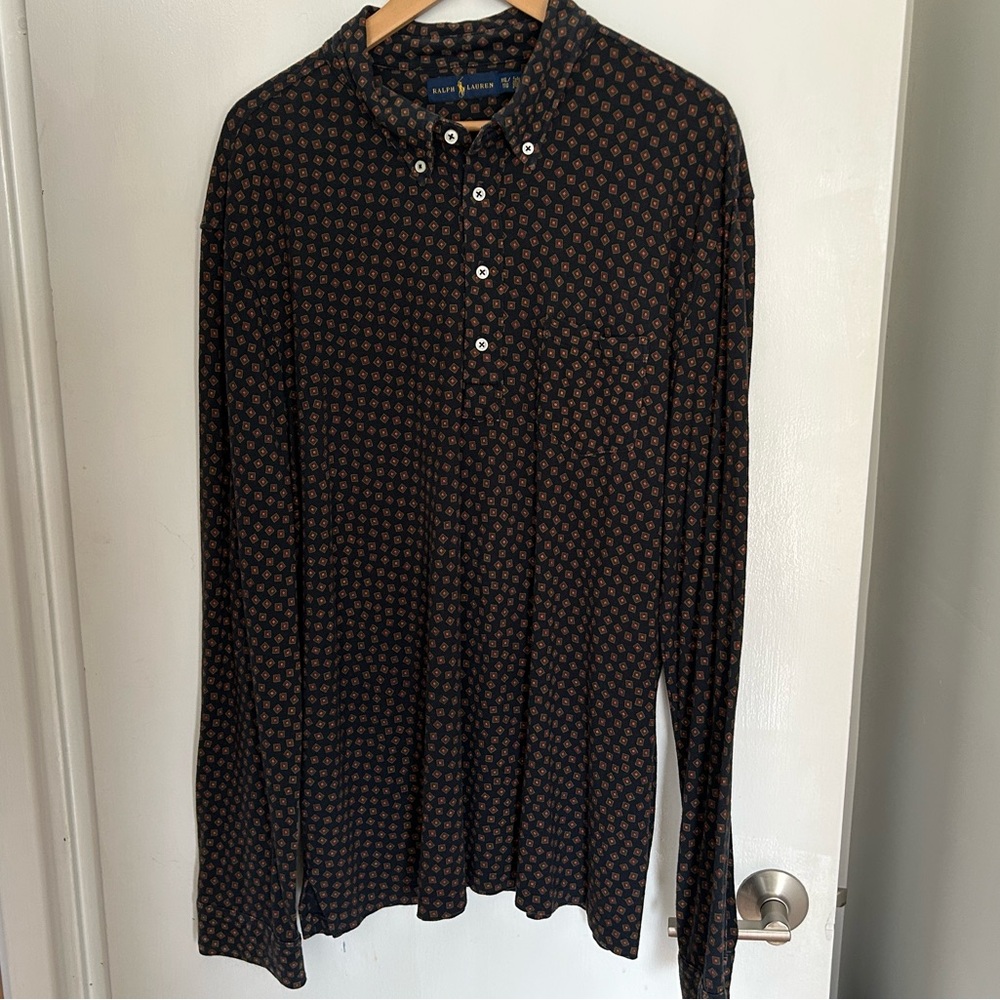 Polo by Ralph Lauren blue and brown patterned long sleeve golf shirt | XXL